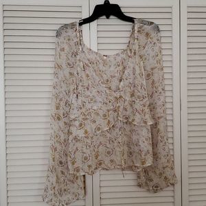 FREE PEOPLE creme sheer floral ruffle top